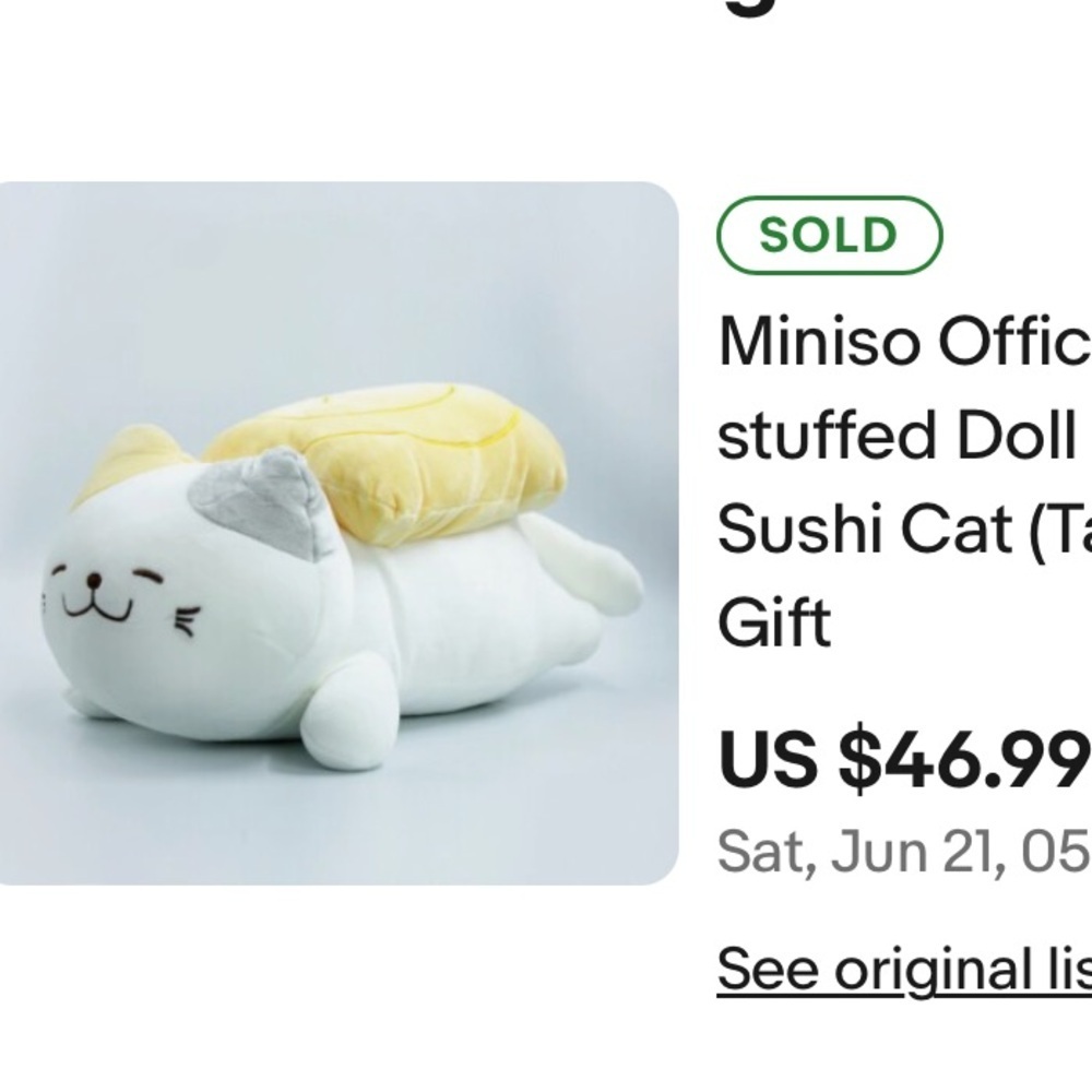 Miniso Official Soft stuffed Doll Plush Toy Sushi Cat (Tamagoyaki) Gift